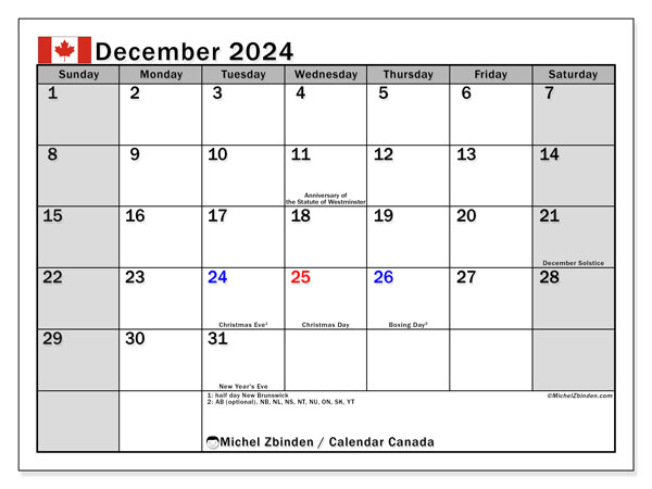 Kalender december 2024, Canada (EN). Gratis printbaar schema.