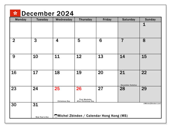 Kalender december 2024, Hong Kong (EN). Gratis printbaar schema.