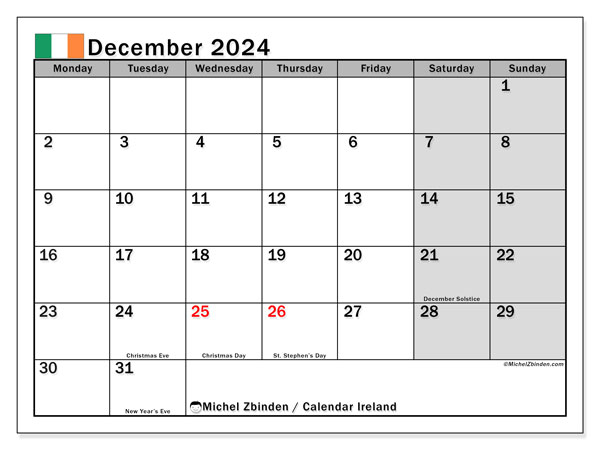 Kalender december 2024, Ierland (EN). Gratis printbaar schema.