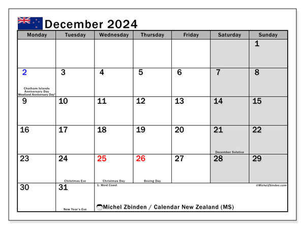 Kalender december 2024, New Zealand (EN). Gratis plan til print.