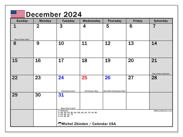 Kalendarz grudzień 2024, USA (EN). Darmowy program do druku.