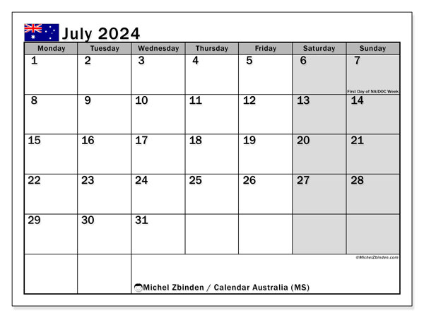 Kalender juli 2024, Australien (EN). Gratis karta som kan skrivas ut.