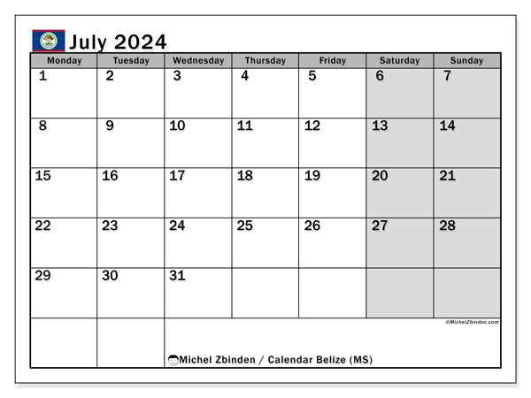 Kalender juli 2024, Belize (EN). Gratis karta som kan skrivas ut.