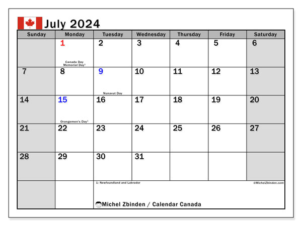 Kalender juli 2024, Canada (EN). Gratis program til print.