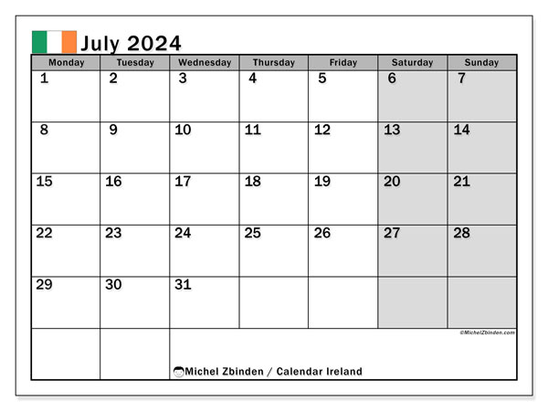 Kalendarz lipiec 2024, Irlandia (EN). Darmowy program do druku.