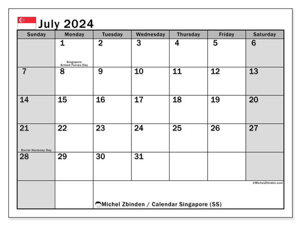 Kalender juli 2024, Singapore (EN). Gratis karta som kan skrivas ut.