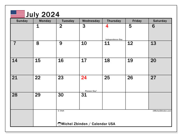 Kalender juli 2024, USA (EN). Gratis karta som kan skrivas ut.