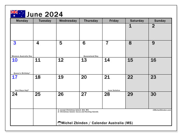 Kalender juni 2024, Australien (EN). Gratis utskrivbart program.