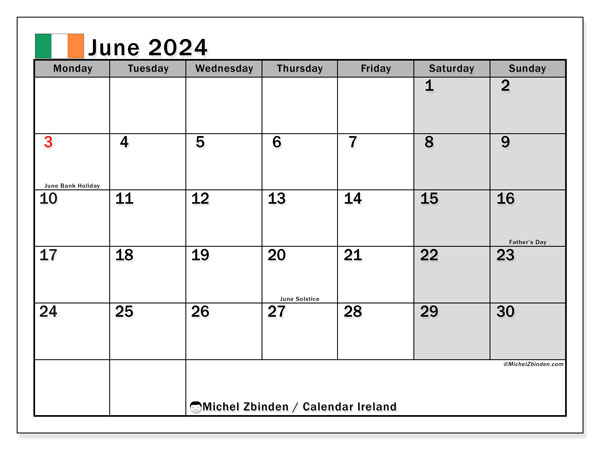 Kalender juni 2024, Irland (EN). Gratis plan til print.
