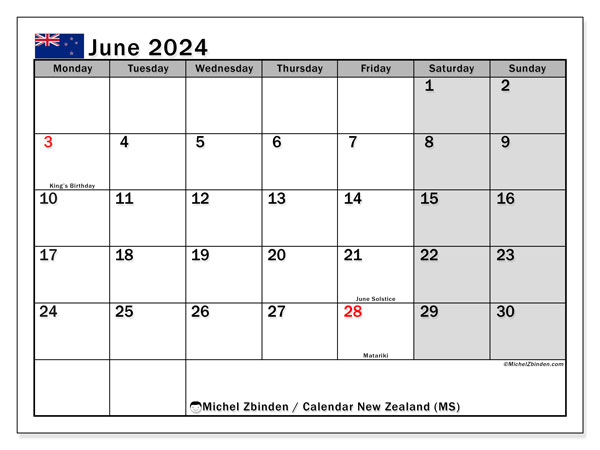 Kalender Juni 2024, Neuseeland (EN). Plan zum Ausdrucken kostenlos.