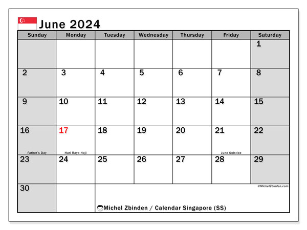 Kalendarz czerwiec 2024, Singapur (EN). Darmowy dziennik do druku.