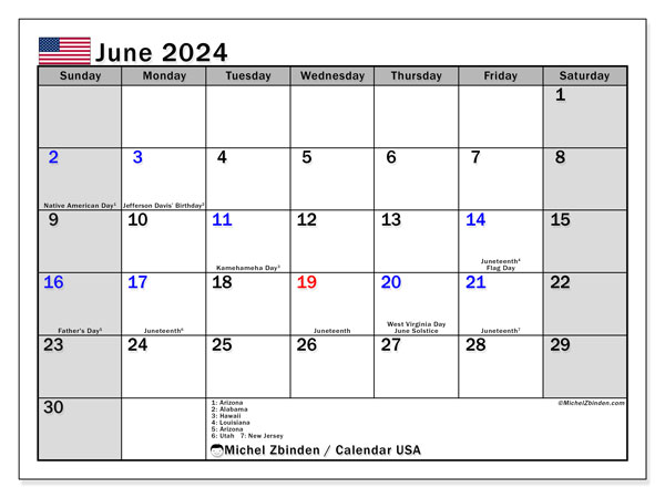 Kalender juni 2024, USA (EN). Gratis plan til print.