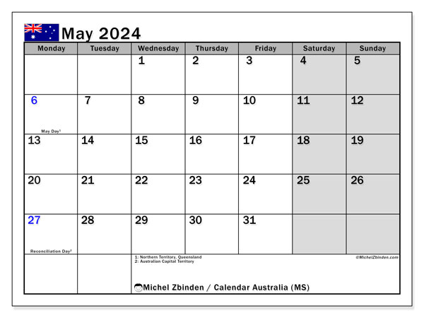 Kalender Mai 2024, Australien (EN). Plan zum Ausdrucken kostenlos.