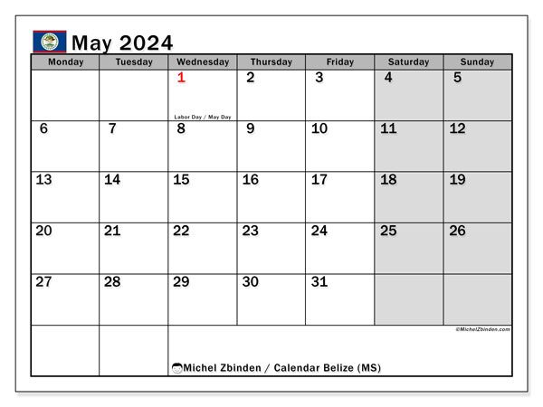 Kalender maj 2024, Belize (EN). Gratis kalender som kan skrivas ut.