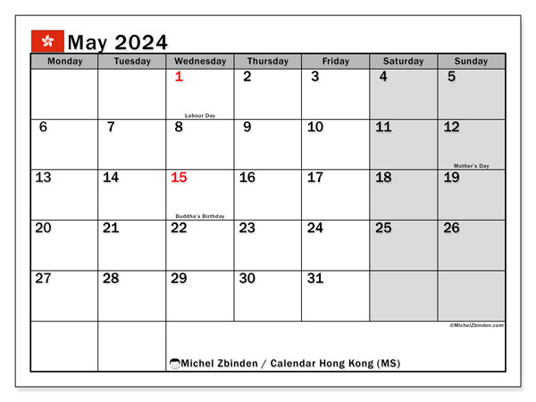 Kalender mei 2024, Hong Kong (EN). Gratis printbaar schema.