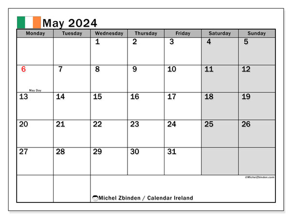 Kalender maj 2024, Irland (EN). Gratis kalender som kan skrivas ut.