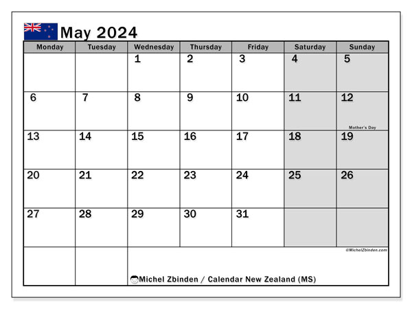 Kalender Mai 2024, Neuseeland (EN). Plan zum Ausdrucken kostenlos.