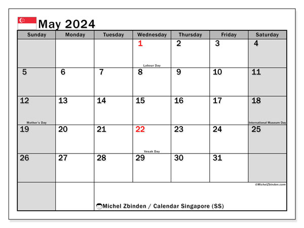 Kalender maj 2024, Singapore (EN). Gratis kalender som kan skrivas ut.