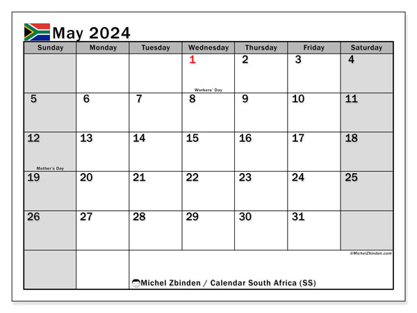 Calendario maggio 2024, Sudafrica (EN). Piano da stampare gratuito.
