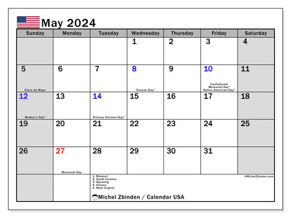 Kalender Mai 2024, USA (EN). Plan zum Ausdrucken kostenlos.