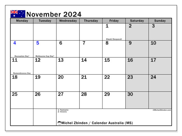Kalendarz listopad 2024, Australia (EN). Darmowy kalendarz do druku.