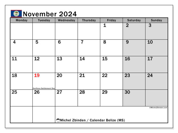 Calendario novembre 2024, Belize (EN). Calendario da stampare gratuito.