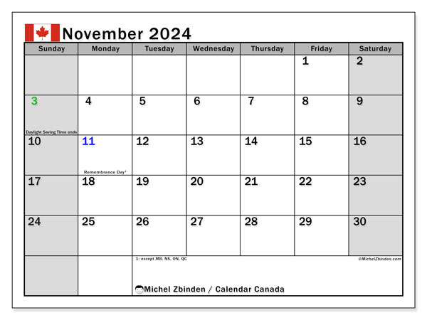 Kalendarz listopad 2024, Kanada (EN). Darmowy kalendarz do druku.