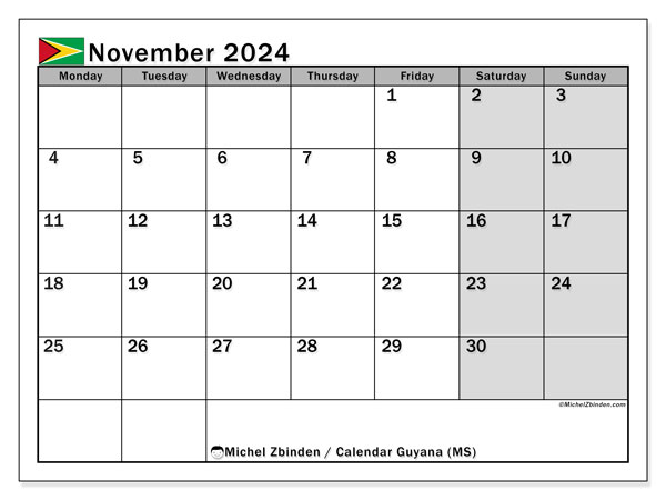 Kalendarz listopad 2024, Gujana (EN). Darmowy kalendarz do druku.