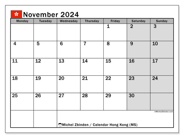 Kalendarz listopad 2024, Hongkong (EN). Darmowy kalendarz do druku.