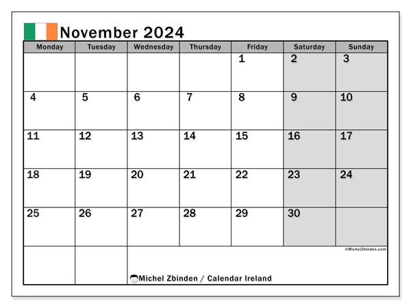 Kalendarz listopad 2024, Irlandia (EN). Darmowy kalendarz do druku.