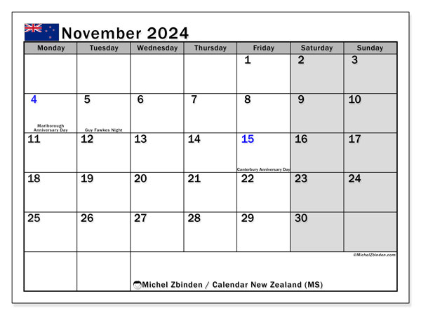 Kalendarz listopad 2024, Nowa Zelandia (EN). Darmowy kalendarz do druku.