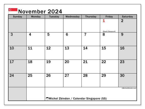 Kalendarz listopad 2024, Singapur (EN). Darmowy kalendarz do druku.
