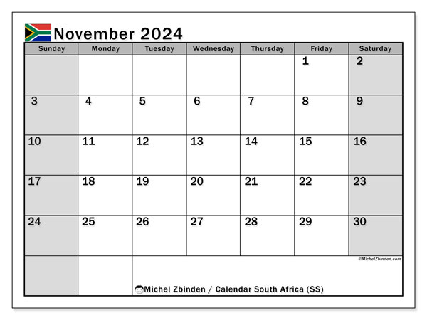 Kalenteri marraskuu 2024, Etelä-Afrikka (EN). Ilmainen tulostettava aikataulu.