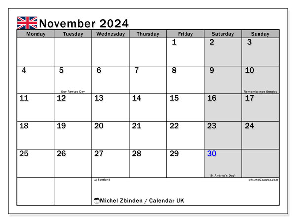 Calendario novembre 2024, Regno Unito (EN). Calendario da stampare gratuito.