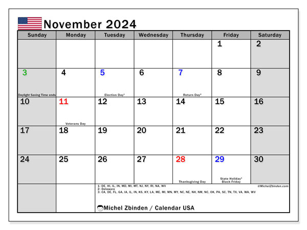 Kalenteri marraskuu 2024, Yhdysvallat (EN). Ilmainen tulostettava aikataulu.