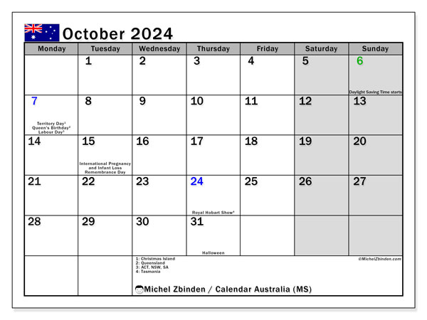 Kalendarz październik 2024, Australia (EN). Darmowy terminarz do druku.
