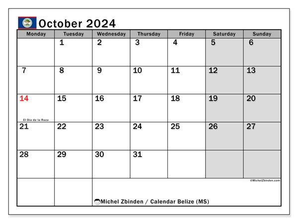 Kalender oktober 2024, Belize (EN). Gratis plan for utskrift.