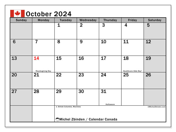 Kalender oktober 2024, Canada (EN). Gratis plan for utskrift.