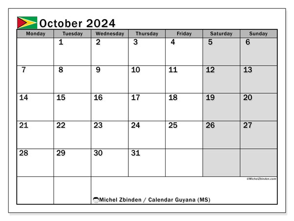 Kalenteri lokakuu 2024, Guyana (EN). Ilmainen tulostettava aikataulu.