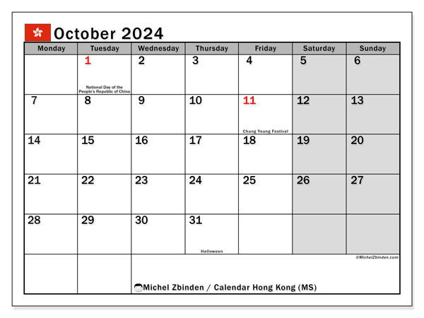 Kalender oktober 2024, Hong Kong (EN). Gratis af te drukken agenda.