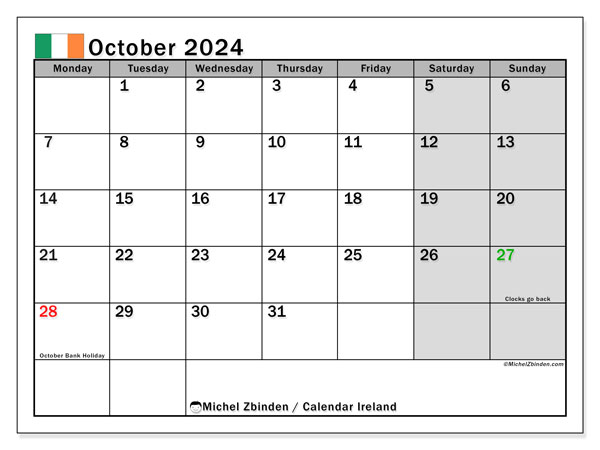 Kalender oktober 2024, Irland (EN). Gratis plan for utskrift.