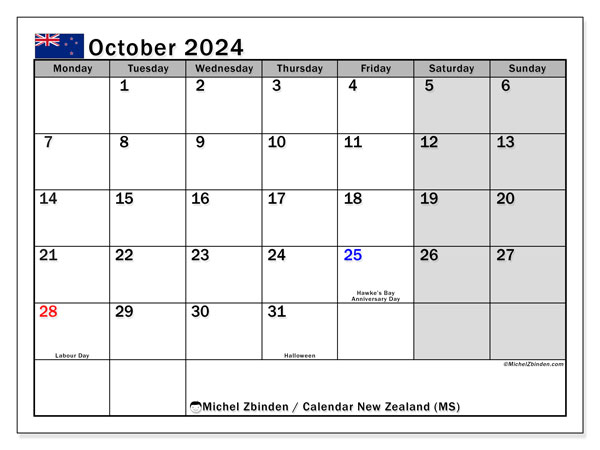 Kalenteri lokakuu 2024, Uusi-Seelanti (EN). Ilmainen tulostettava aikataulu.