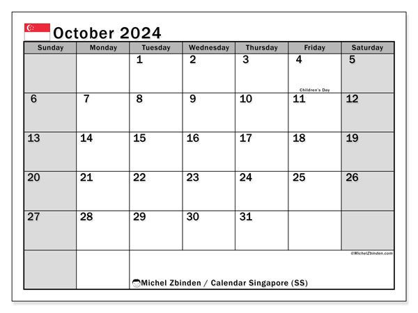 Calendario ottobre 2024, Singapore (EN). Piano da stampare gratuito.