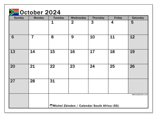 Calendario ottobre 2024, Sudafrica (EN). Piano da stampare gratuito.