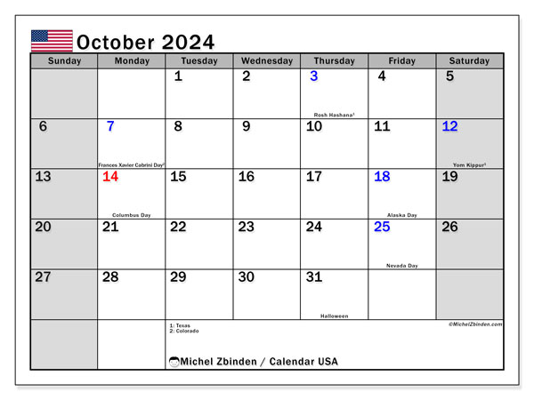 Kalendarz październik 2024, USA (EN). Darmowy terminarz do druku.