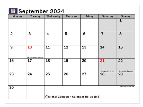 Kalender September 2024, Belize (EN). Programm zum Ausdrucken kostenlos.