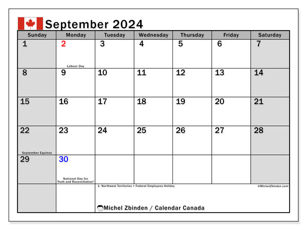 Calendario settembre 2024, Canada (EN). Calendario da stampare gratuito.