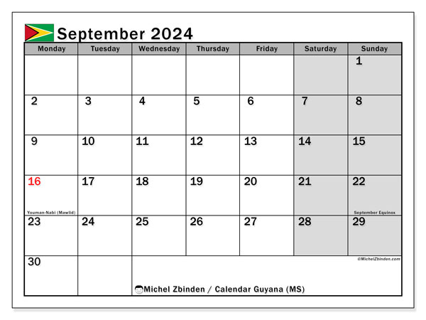 Kalendarz wrzesień 2024, Gujana (EN). Darmowy program do druku.