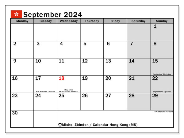 Kalendarz wrzesień 2024, Hongkong (EN). Darmowy program do druku.