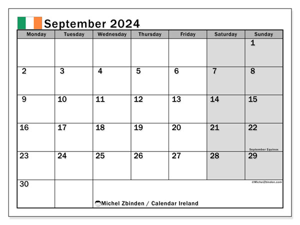 Kalender september 2024, Irland (EN). Gratis program til print.